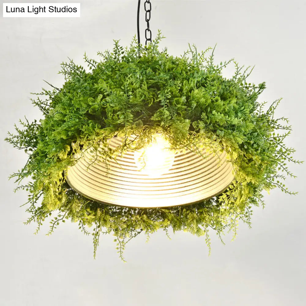 Iron Suspension Restaurant Pendant Light - Retro Green Dome Design with Plant Decor