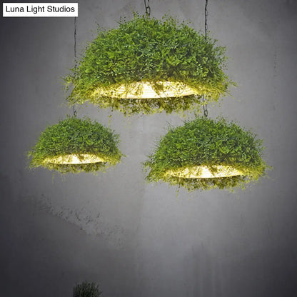 Iron Suspension Restaurant Pendant Light - Retro Green Dome Design with Plant Decor