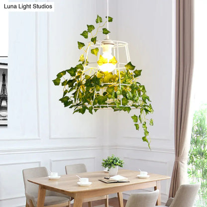 Iron Tapered Cage Pendant Ceiling Light with Decorative Ivy - Retro 1 Head Suspension Lighting for Dining Room in Green