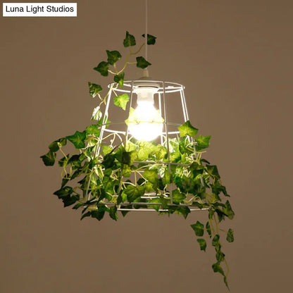 Iron Tapered Cage Pendant Ceiling Light with Decorative Ivy - Retro 1 Head Suspension Lighting for Dining Room in Green