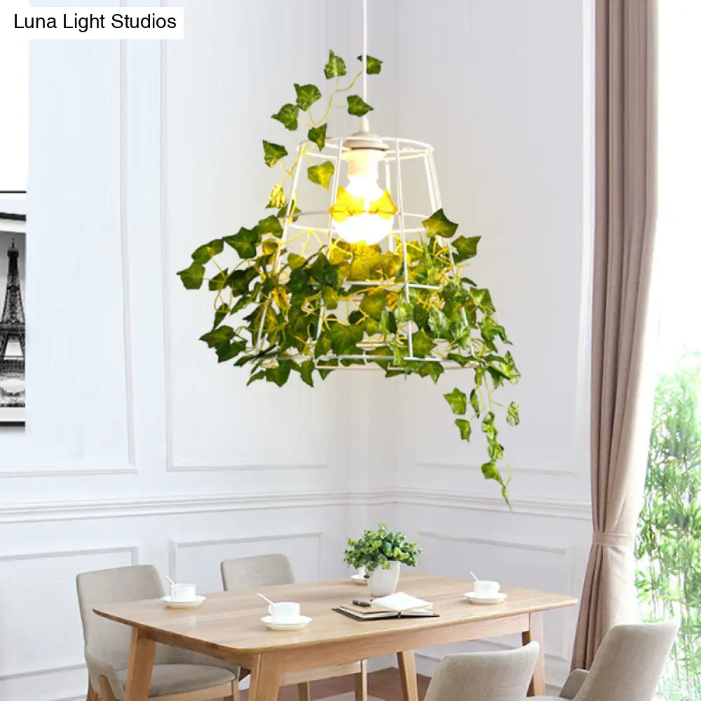 Iron Tapered Cage Pendant Ceiling Light with Decorative Ivy - Retro 1 Head Suspension Lighting for Dining Room in Green