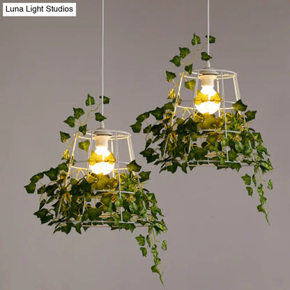 Iron Tapered Cage Pendant Ceiling Light with Decorative Ivy - Retro 1 Head Suspension Lighting for Dining Room in Green