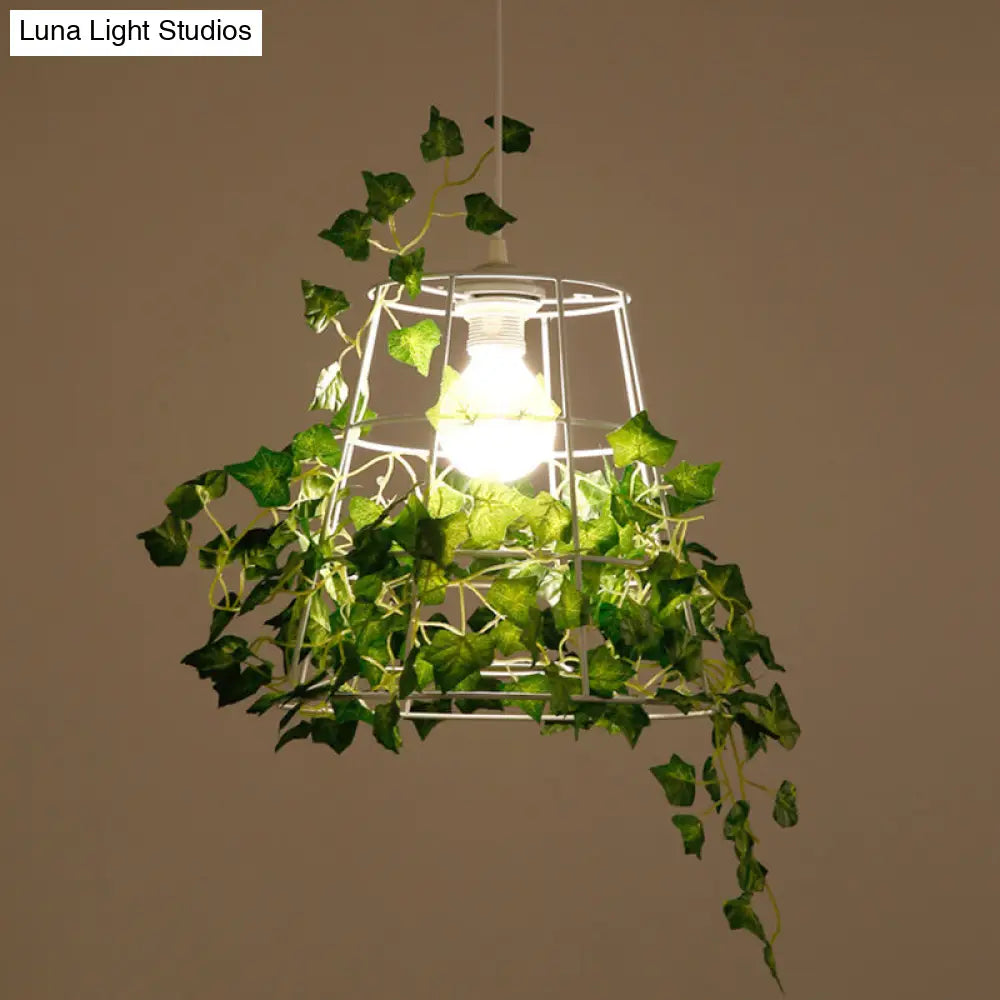 Iron Tapered Cage Pendant Ceiling Light with Decorative Ivy - Retro 1 Head Suspension Lighting for Dining Room in Green