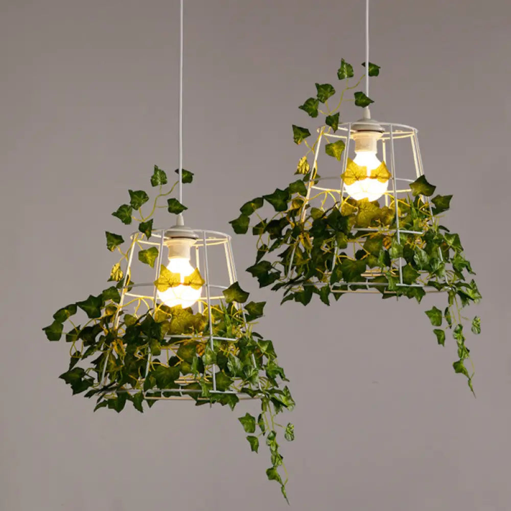 Iron Tapered Cage Pendant Ceiling Light with Decorative Ivy - Retro 1 Head Suspension Lighting for Dining Room in Green