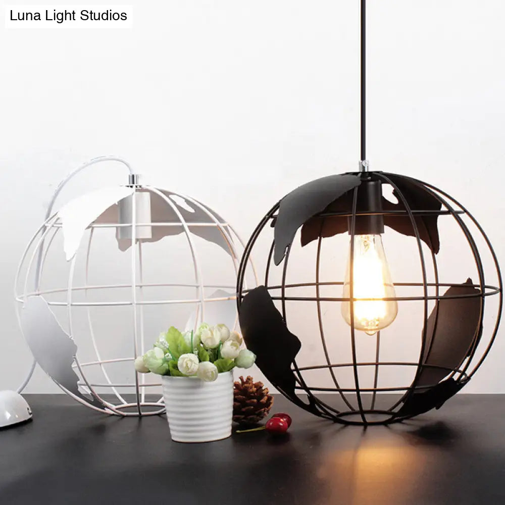 Iron Terrestrial Globe Hanging Pendant Light Fixture - 1 Bulb Simplicity Design, White - Perfect for Restaurants