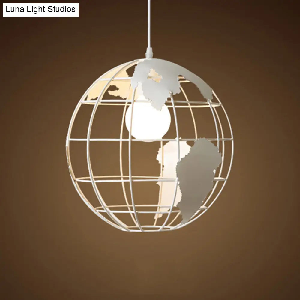 Iron Terrestrial Globe Hanging Pendant Light Fixture - 1 Bulb Simplicity Design, White - Perfect for Restaurants