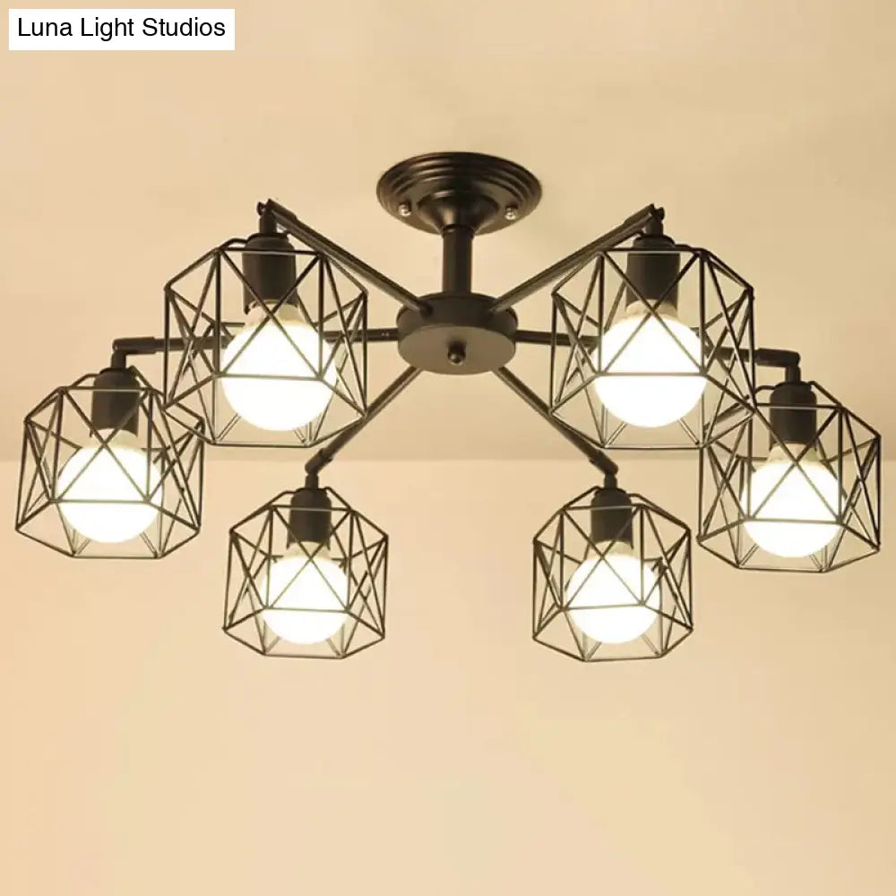 Iron Wire Cage Rotating Ceiling Chandelier - Warehouse Pendant Lamp, 4/6/8-Light in Black