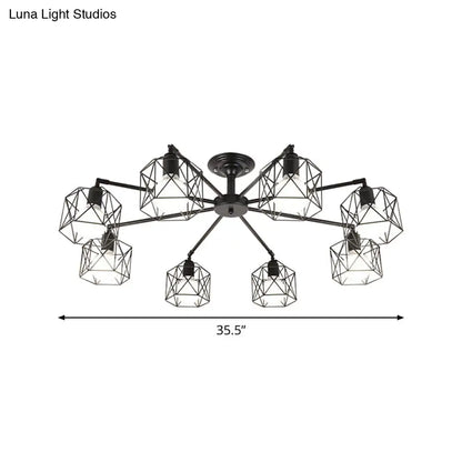 Iron Wire Cage Rotating Ceiling Chandelier - Warehouse Pendant Lamp, 4/6/8-Light in Black