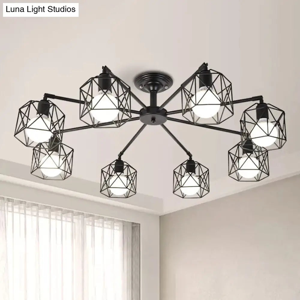 Iron Wire Cage Rotating Ceiling Chandelier - Warehouse Pendant Lamp, 4/6/8-Light in Black