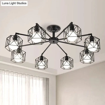 Iron Wire Cage Rotating Ceiling Chandelier - Warehouse Pendant Lamp, 4/6/8-Light in Black