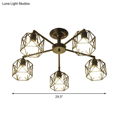 Iron Wire Cage Rotating Ceiling Chandelier - Warehouse Pendant Lamp, 4/6/8-Light in Black