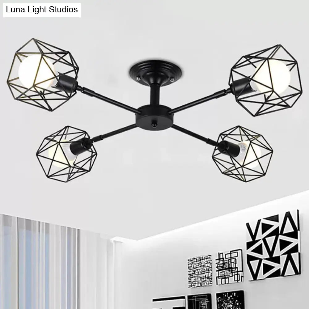 Iron Wire Cage Rotating Ceiling Chandelier - Warehouse Pendant Lamp, 4/6/8-Light in Black