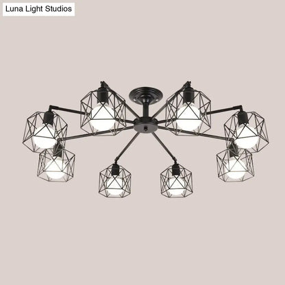 Iron Wire Cage Rotating Ceiling Chandelier - Warehouse Pendant Lamp, 4/6/8-Light in Black