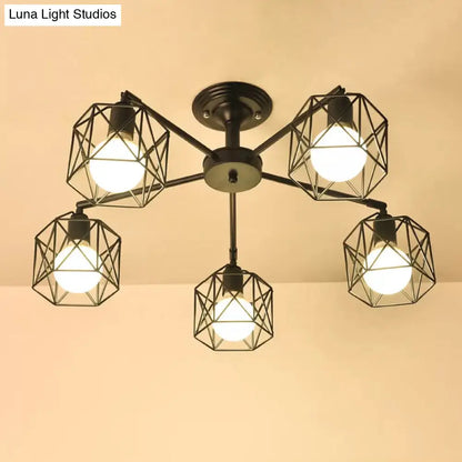 Iron Wire Cage Rotating Ceiling Chandelier - Warehouse Pendant Lamp, 4/6/8-Light in Black