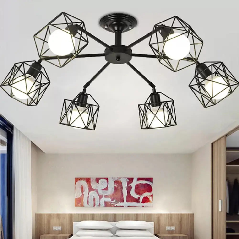 Iron Wire Cage Rotating Ceiling Chandelier - Warehouse Pendant Lamp, 4/6/8-Light in Black