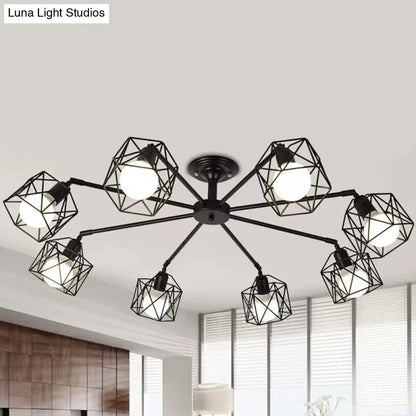 Iron Wire Cage Rotating Ceiling Chandelier - Warehouse Pendant Lamp, 4/6/8-Light in Black