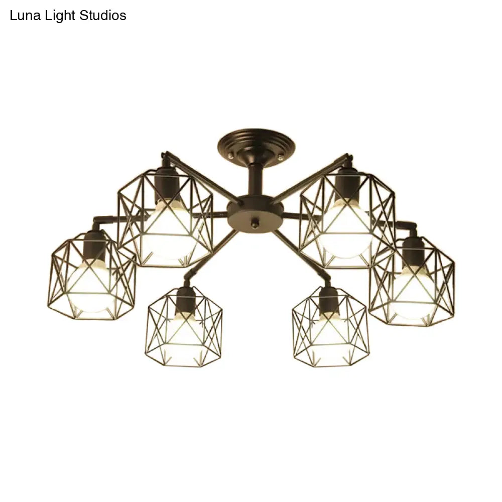 Iron Wire Cage Rotating Ceiling Chandelier - Warehouse Pendant Lamp, 4/6/8-Light in Black