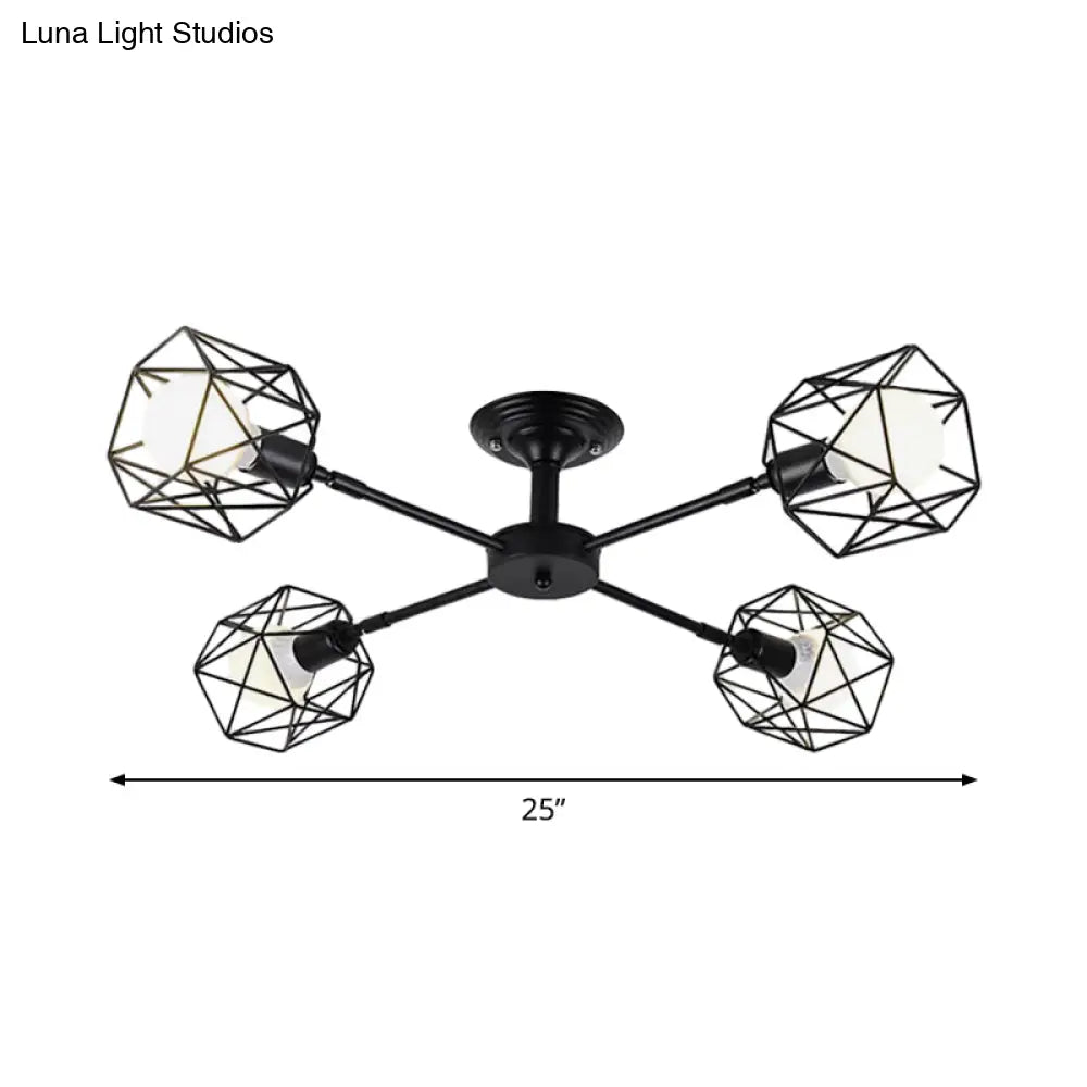 Iron Wire Cage Rotating Ceiling Chandelier - Warehouse Pendant Lamp, 4/6/8-Light in Black