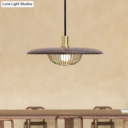 Iron Wire Domed Pendant Light with Wooden Shade - Modern and Suspended Lighting