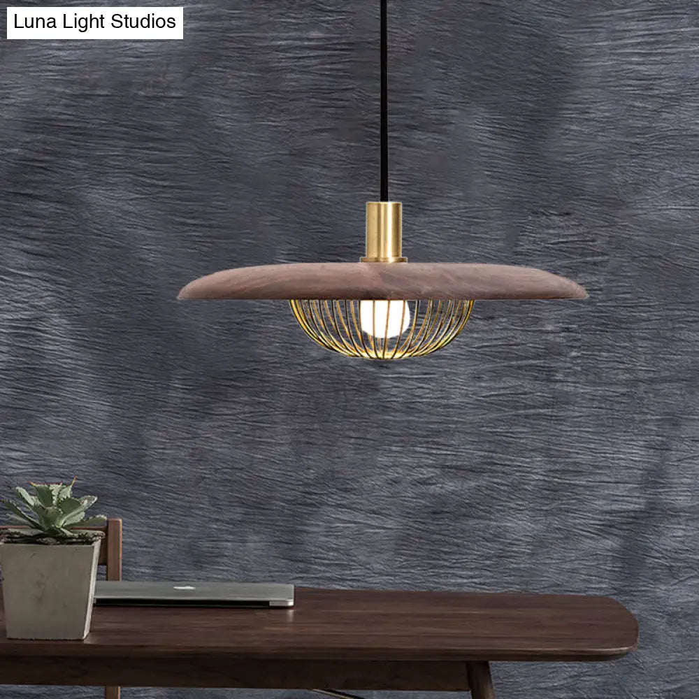 Iron Wire Domed Pendant Light with Wooden Shade - Modern and Suspended Lighting