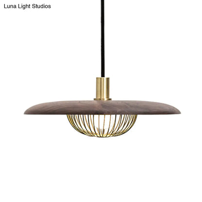 Iron Wire Domed Pendant Light with Wooden Shade - Modern and Suspended Lighting