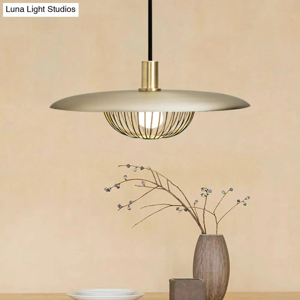 Iron Wire Domed Pendant Light with Wooden Shade - Modern and Suspended Lighting