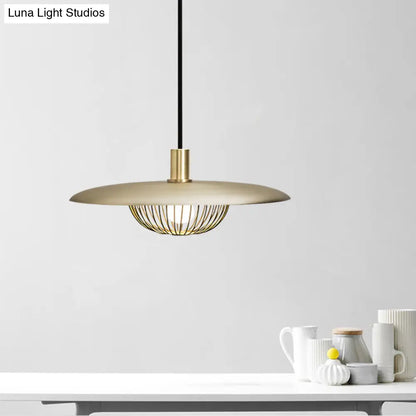 Iron Wire Domed Pendant Light with Wooden Shade - Modern and Suspended Lighting