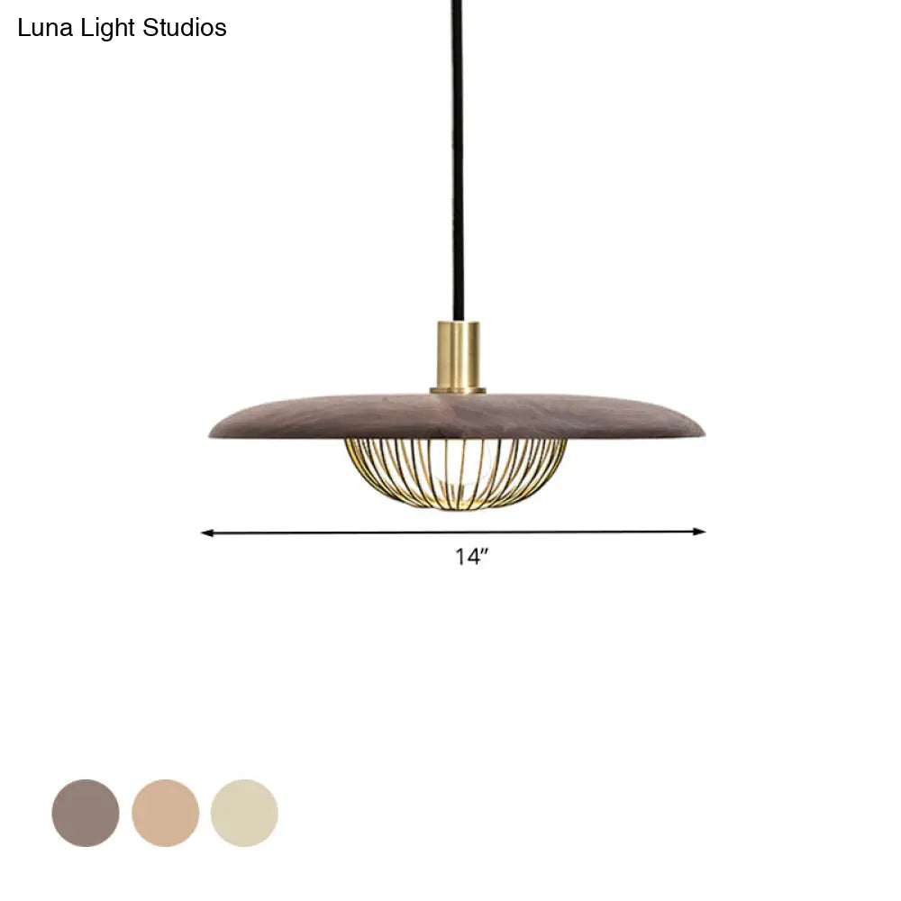 Iron Wire Domed Pendant Light with Wooden Shade - Modern and Suspended Lighting