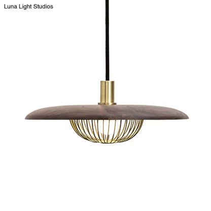 Iron Wire Domed Pendant Light with Wooden Shade - Modern and Suspended Lighting