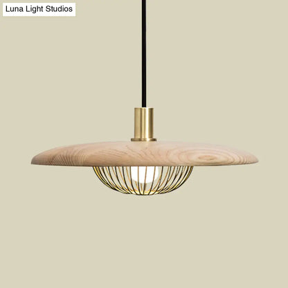 Iron Wire Domed Pendant Light with Wooden Shade - Modern and Suspended Lighting