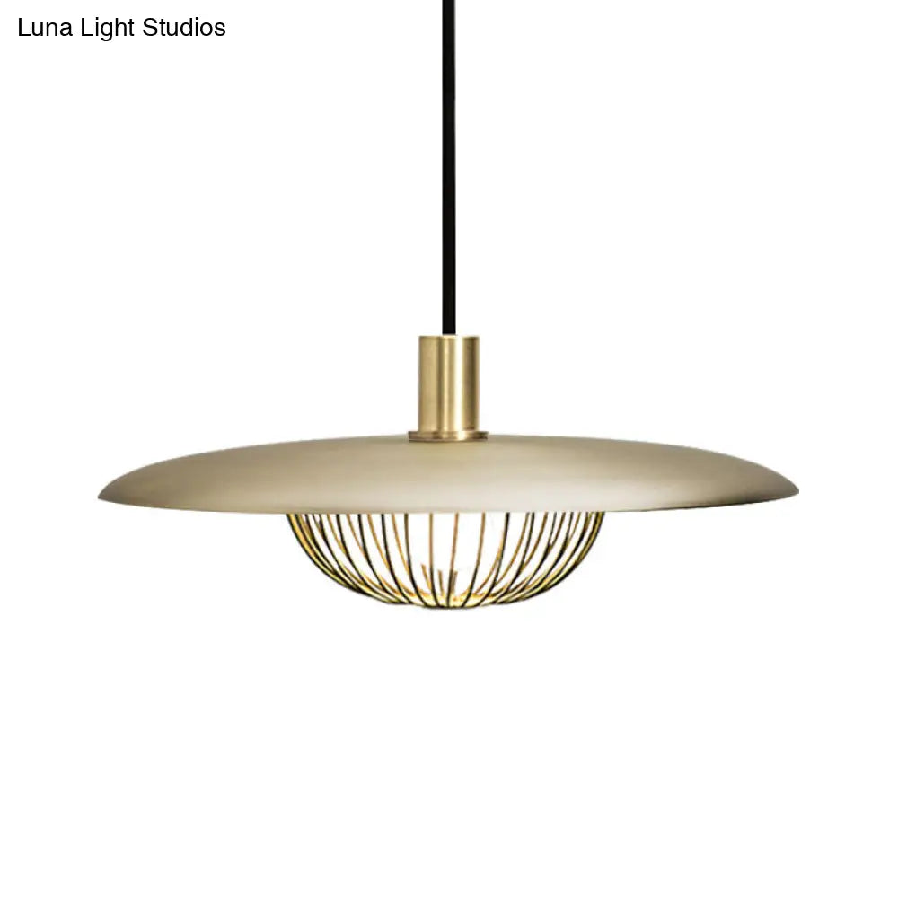 Iron Wire Domed Pendant Light with Wooden Shade - Modern and Suspended Lighting