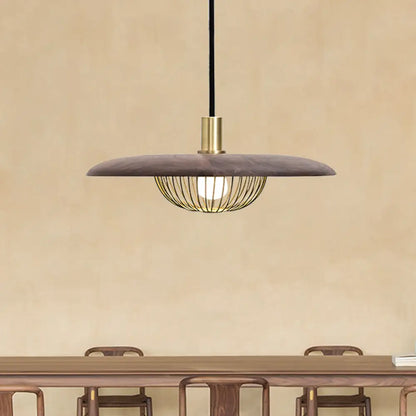 Iron Wire Domed Pendant Light with Wooden Shade - Modern and Suspended Lighting