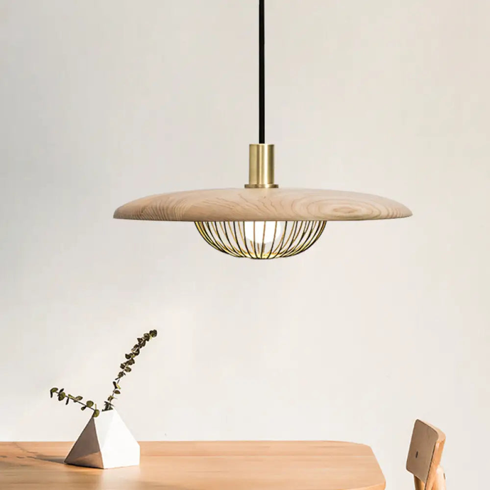 Iron Wire Domed Pendant Light with Wooden Shade - Modern and Suspended Lighting