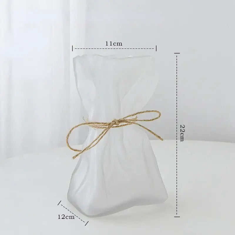 Irregular folded decorbites clear glass vase with translucent white frosted glass and natural twine bow for living room decor
