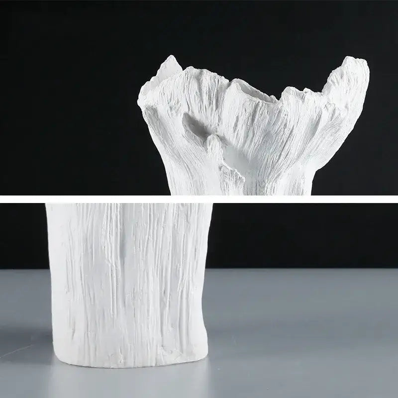 White ceramic irregular resin vase with black and white textured tree trunk surface for living room decorbites irregular decor