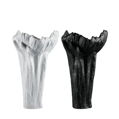 White and black textured tree trunk irregular resin vase by decorbites ideal for living room decor