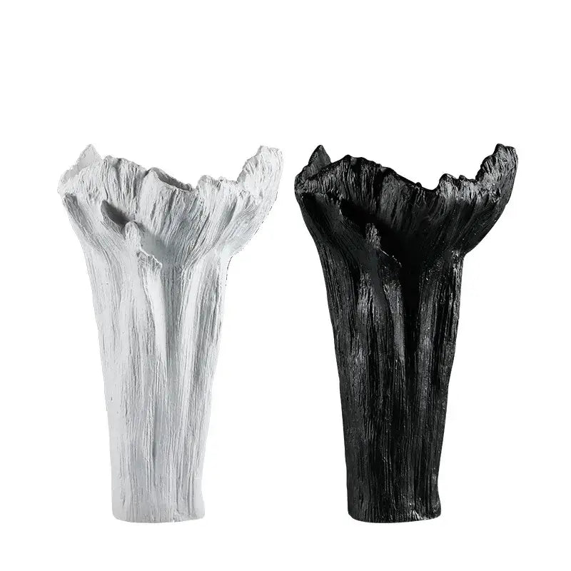 White and black textured tree trunk irregular resin vase by decorbites ideal for living room decor