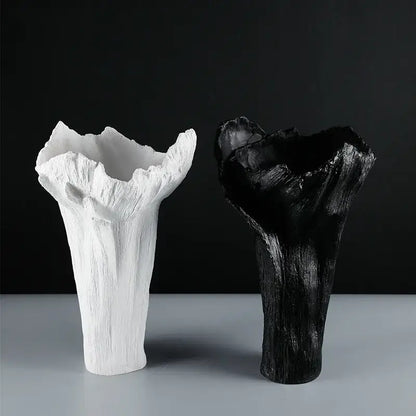 White and black irregular resin vase with textured tree trunk design for living room decor by decorbites irregular resin