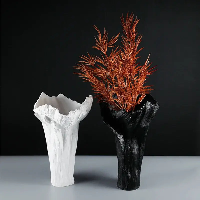 White and black irregular resin vase with textured organic shapes resembling tree trunk for living room decorbites irregular resin decor