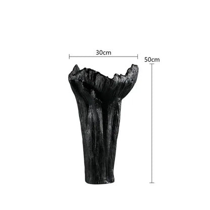 Black 50cm decorbites irregular resin vase with rugged tree trunk texture and irregular opening for living room decor