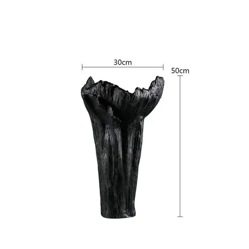 Black 50cm decorbites irregular resin vase with rugged tree trunk texture and irregular opening for living room decor