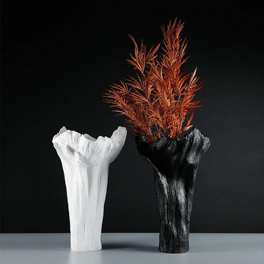 White and black decorbites irregular resin vases with textured tree trunk surfaces for living room decor