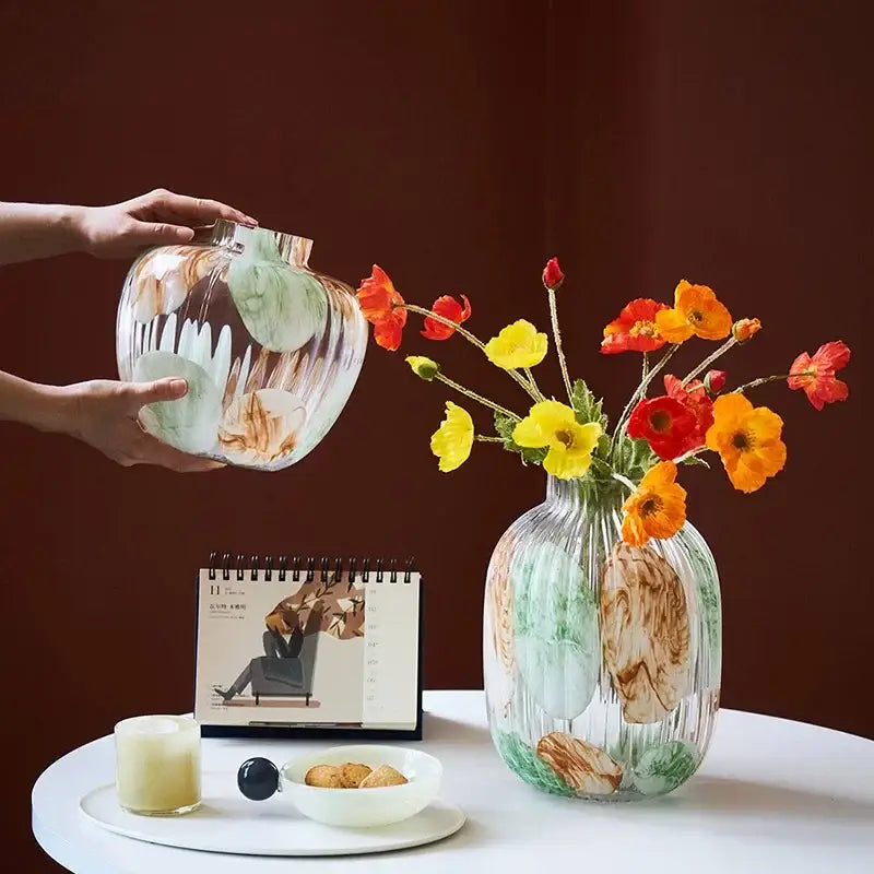 Irregular ribbed green and brown clear glass vase with textured surface and abstract marbled patterns for living room decorbites decorbites clear glass vase