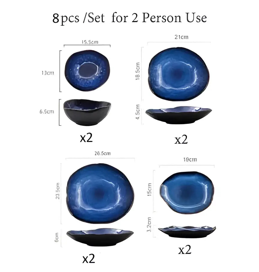 Set of eight irregular shape blue and gold ceramic dinner set plates with textured glaze by decorbites for dining room