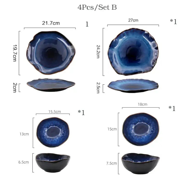 Set of four irregular shape ceramic bowls in deep blue with textured rim from decorbites irregular shape dinner set