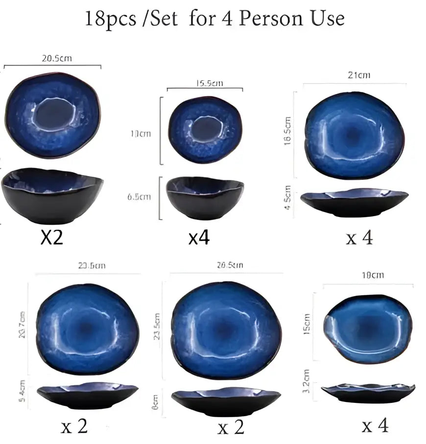 Irregular shape blue and gold ceramic dinner set with deep blue glaze and black rims for 4-person use decorbites irregular shape