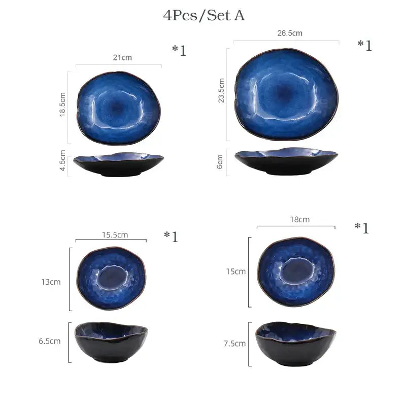 Set of four irregular shape dinner set ceramic bowls in deep blue glaze with black rims by decorbites irregular shape