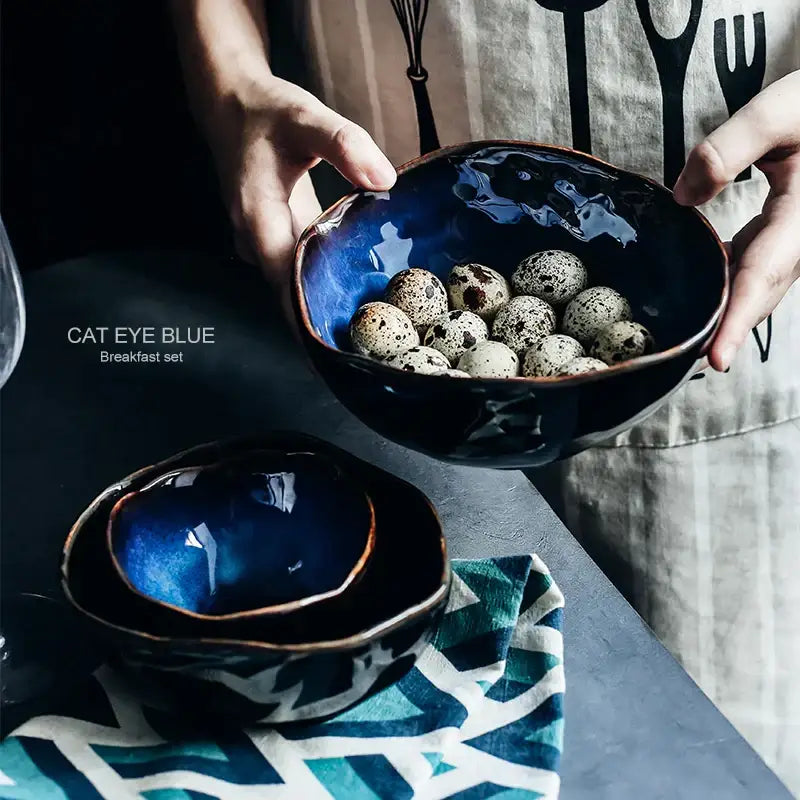 Deep blue ceramic bowl with glossy uneven glaze and rustic brown rim from decorbites irregular shape dinner set