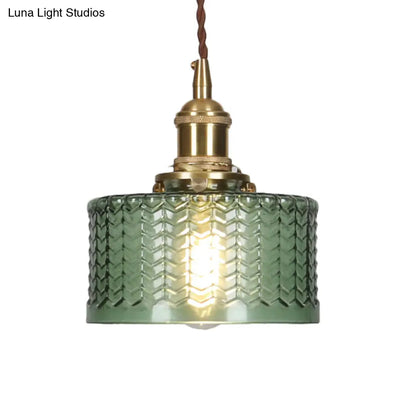 Isabella - Retro Retro Short Cylinder Pendant Lighting 1 Head Clear/Green Wavy Glass Ceiling Hang Lamp with Rotary Switch in Brass