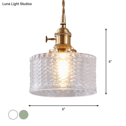 Isabella - Retro Retro Short Cylinder Pendant Lighting 1 Head Clear/Green Wavy Glass Ceiling Hang Lamp with Rotary Switch in Brass